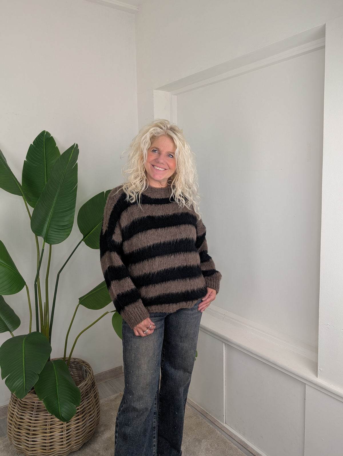 Oversized strepen trui Wendy - Taupe/Zwart