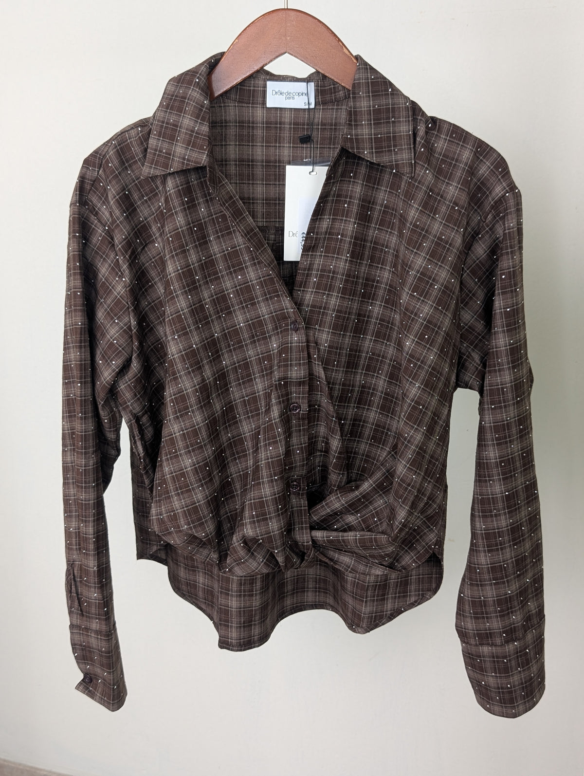 Geruite knoop blouse glitters - Bruin