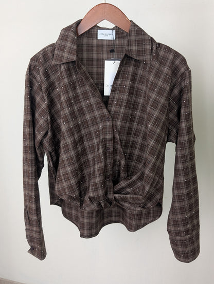 Geruite knoop blouse glitters - Bruin