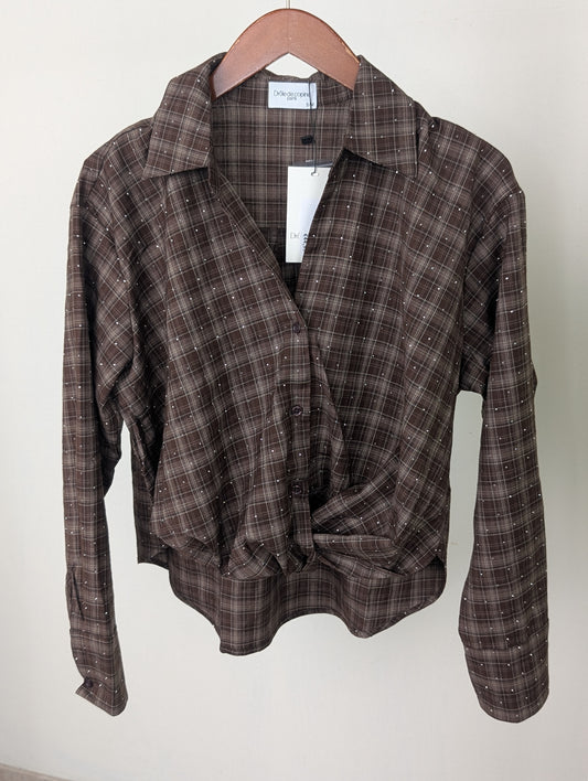 Geruite knoop blouse glitters - Bruin