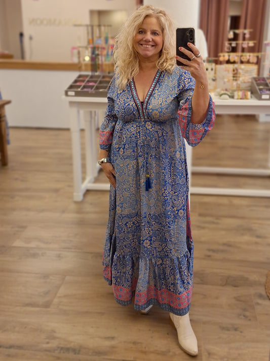 Boho dress- Kobalt blauw/ roze