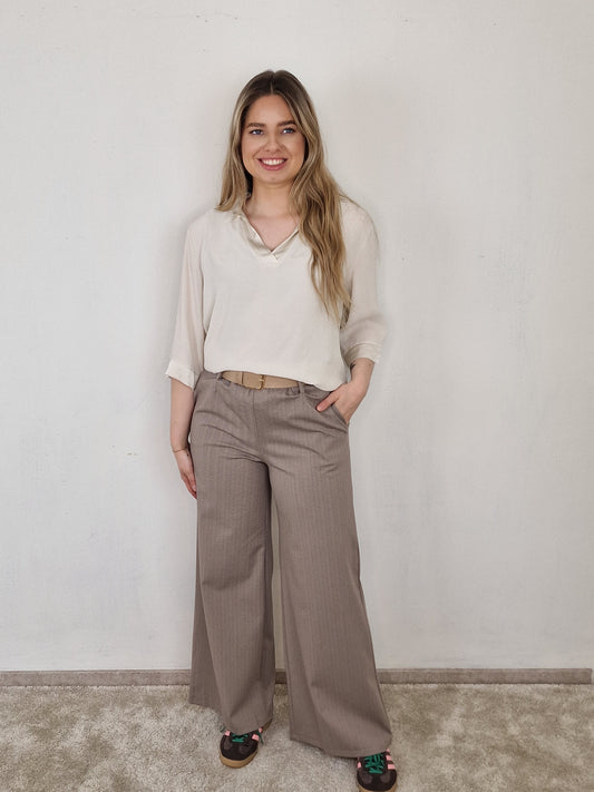 Janneke wide leg pantalon met riem - Taupe / bruin
