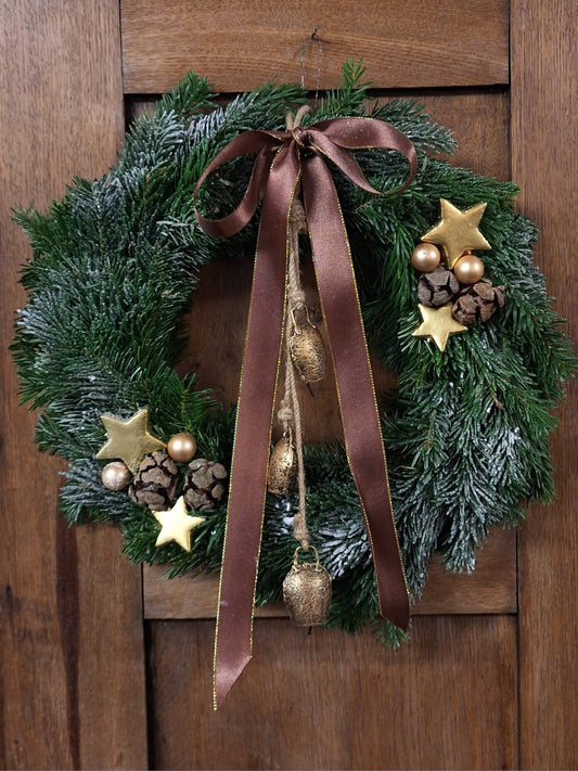 Kerst krans vers groen- 35 cm. - Bruin / Goud