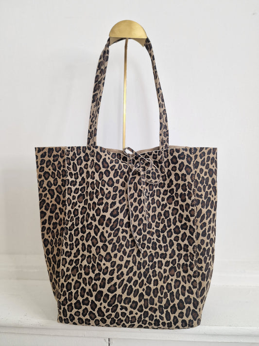 Leopard leren handtas met touwtjes
