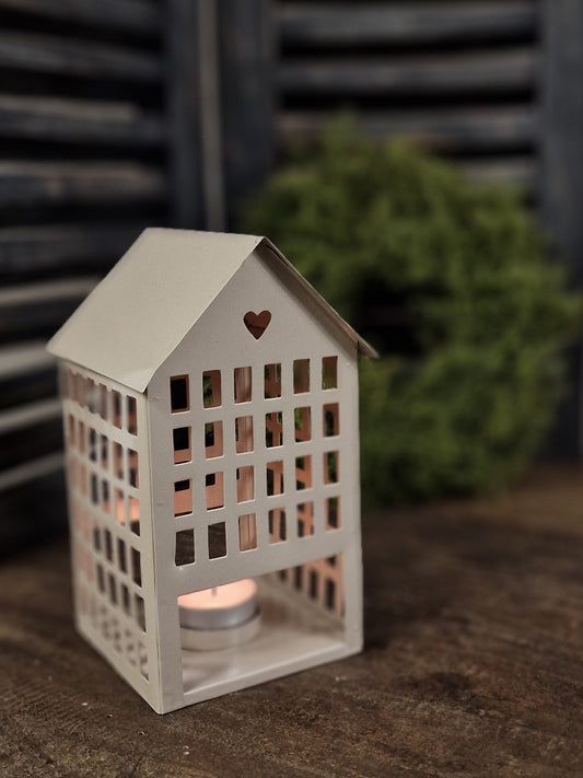 Beige huisje theelicht- 9x9x17 cm.