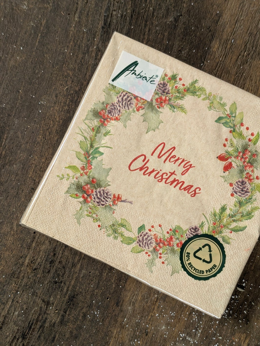 Servetten 20 stuks 33x33 - Holiday wreath nature, Merry Christmas