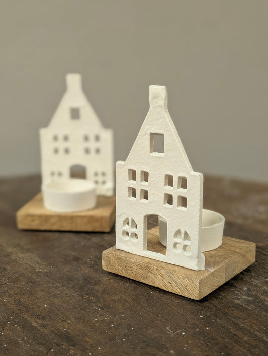 Huisje met theelichthouder Crème hout - 8x8x13