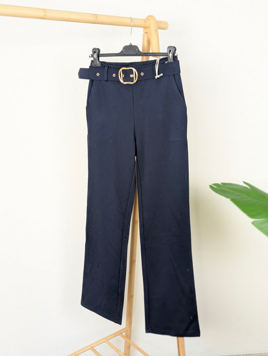 Stretch pantalon Mindy met riem -Donker blauw