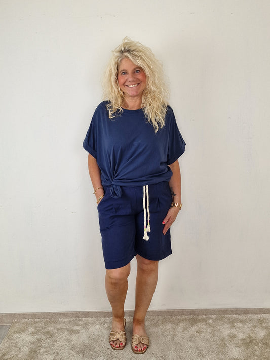 Viscose/linen short Kim - Donkerblauw