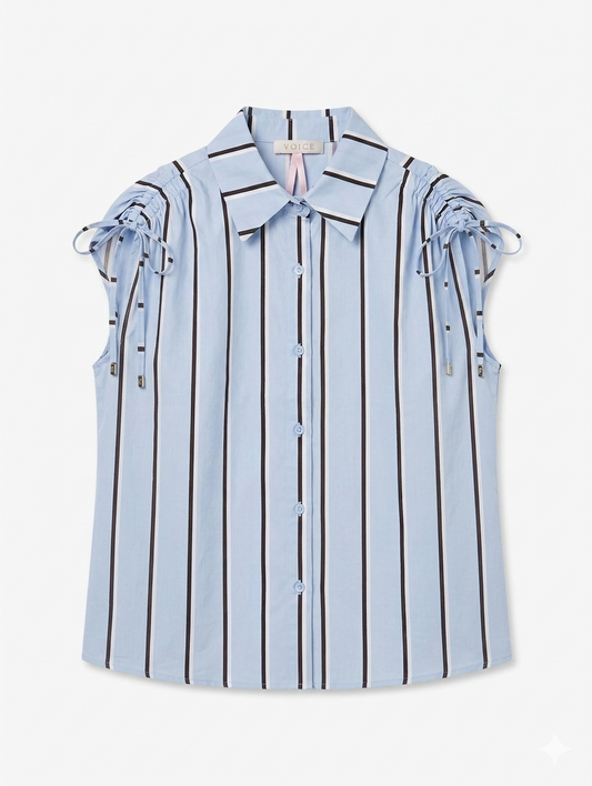 The Serene Stripe Bow Top - Bruin/Lichtblauw