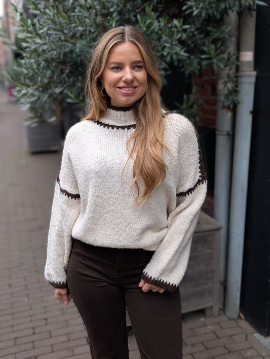 Mayke trui met col - Creme/ Bruin