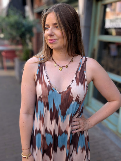 May print jurk - Aqua blauw / sand / bruin