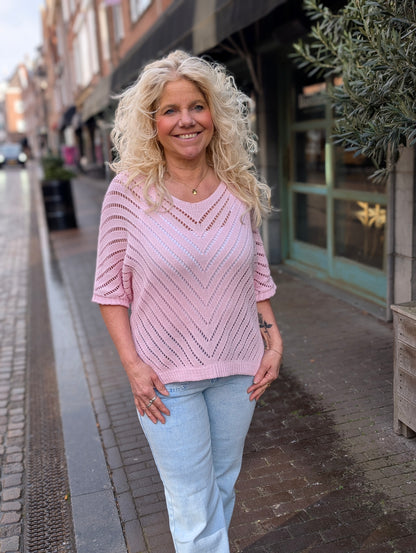 Gehaakte trui Maud met korte mouw - Roze