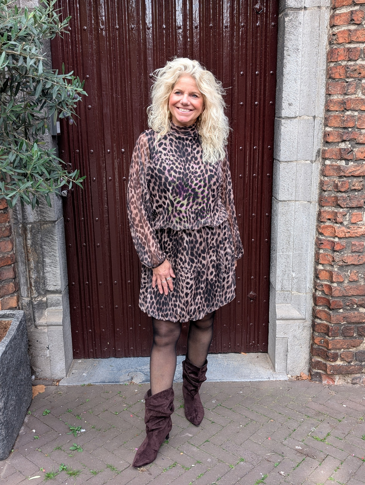 Belle panter ballon jurk - Beige/Zwart