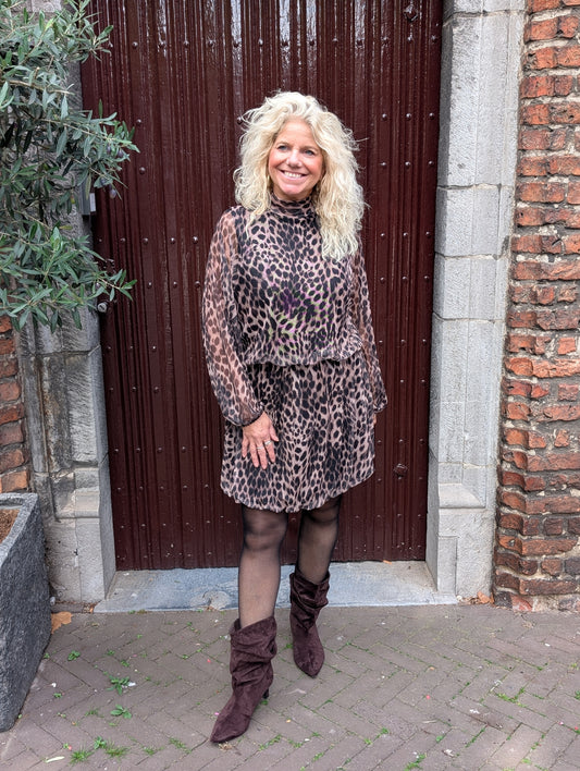 Belle panter ballon jurk - Beige/Zwart