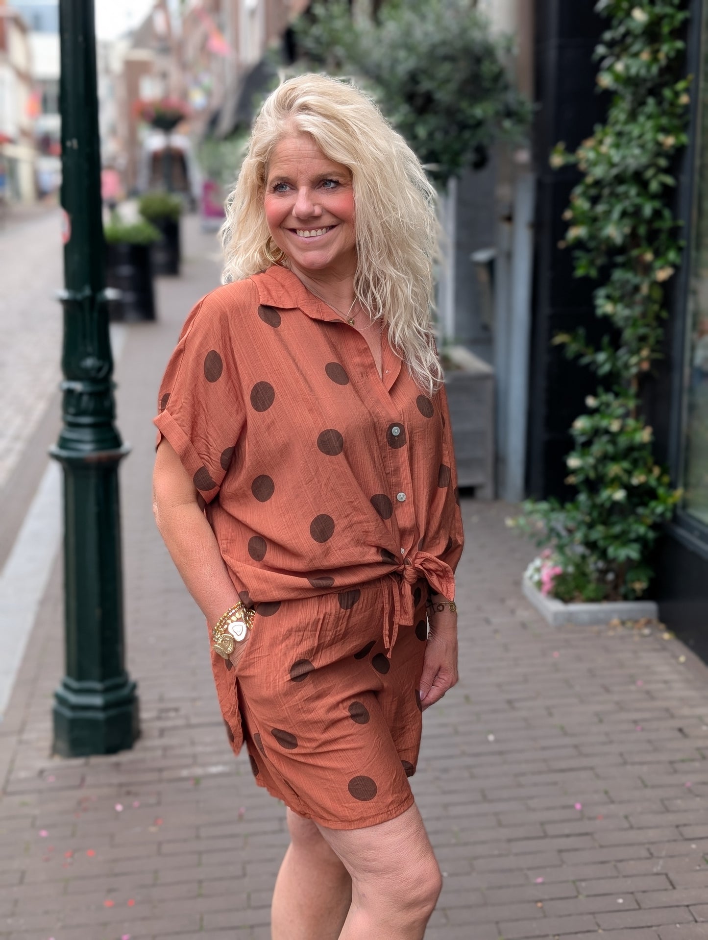Viscose polkadot set blouse + short - Brique