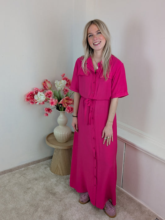 Beau doorknoop jurk - Fucsia