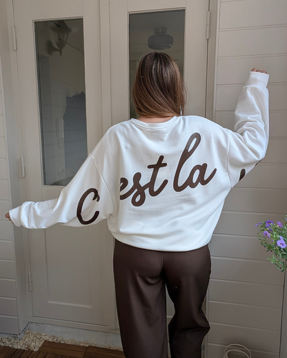 C'est la vie oversized sweater - Wit/Bruin