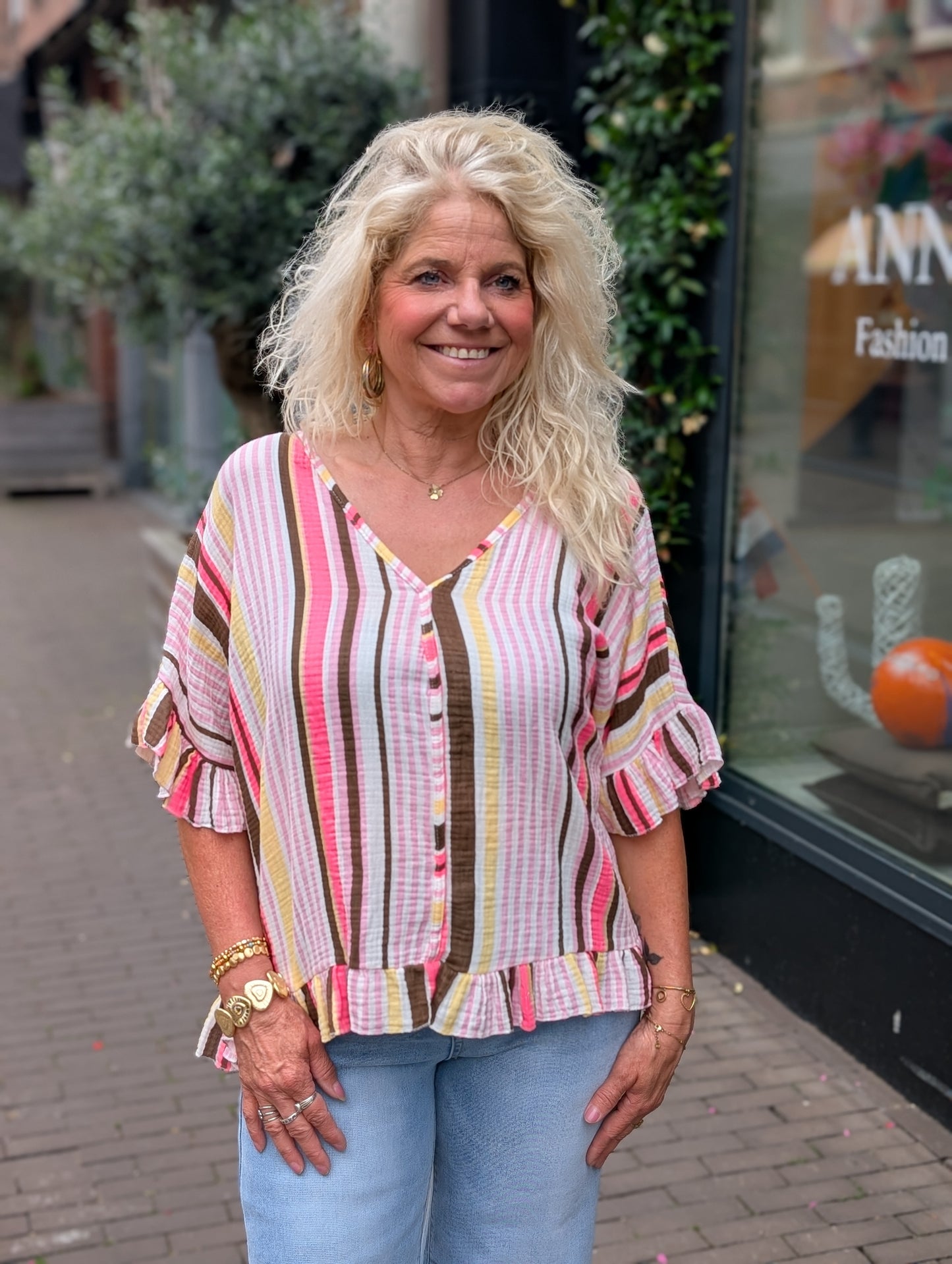 Boho blouse strepen - Roze mix