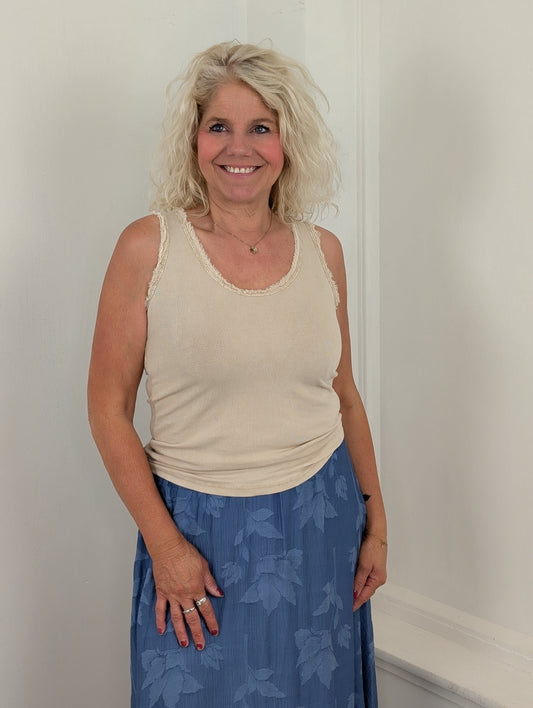 Frayed Edge Ribbed Top - Beige