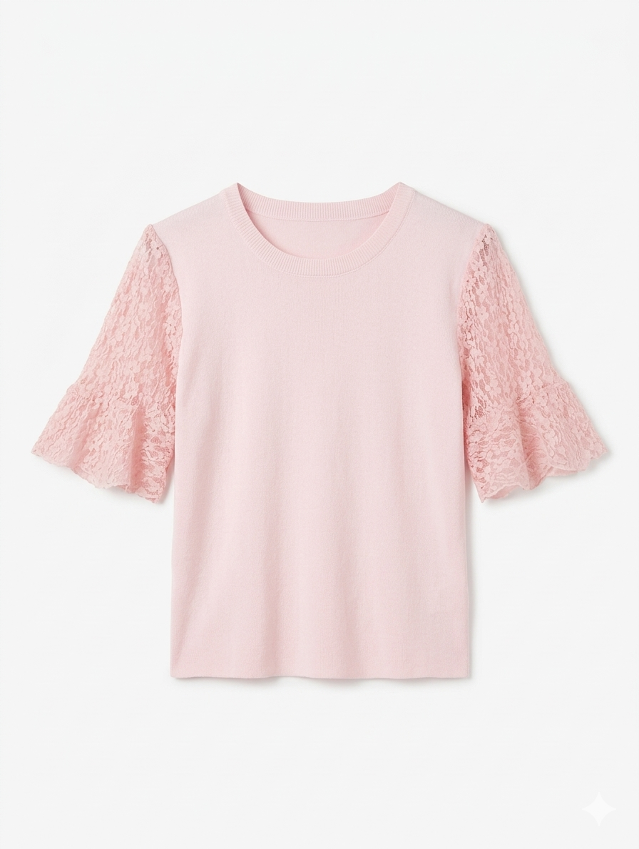 Aimee shirt met kanten bloemen mouwen - Lichtroze