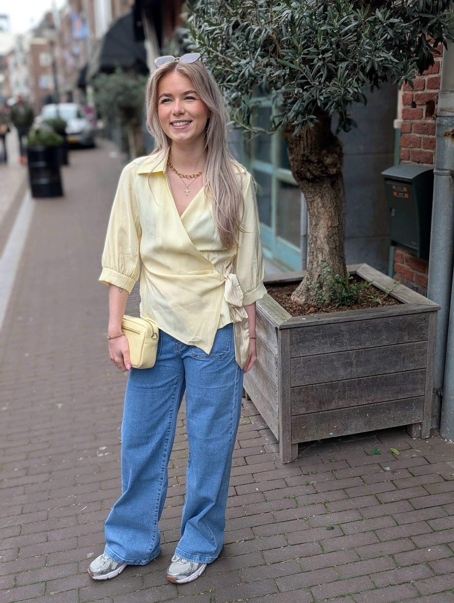 Overslag blouse met gestreepte strik detail - Geel