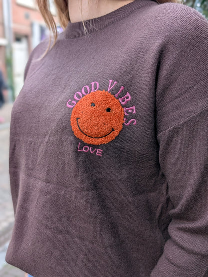 Good vibes smiley sweater - Bruin / roze / orange