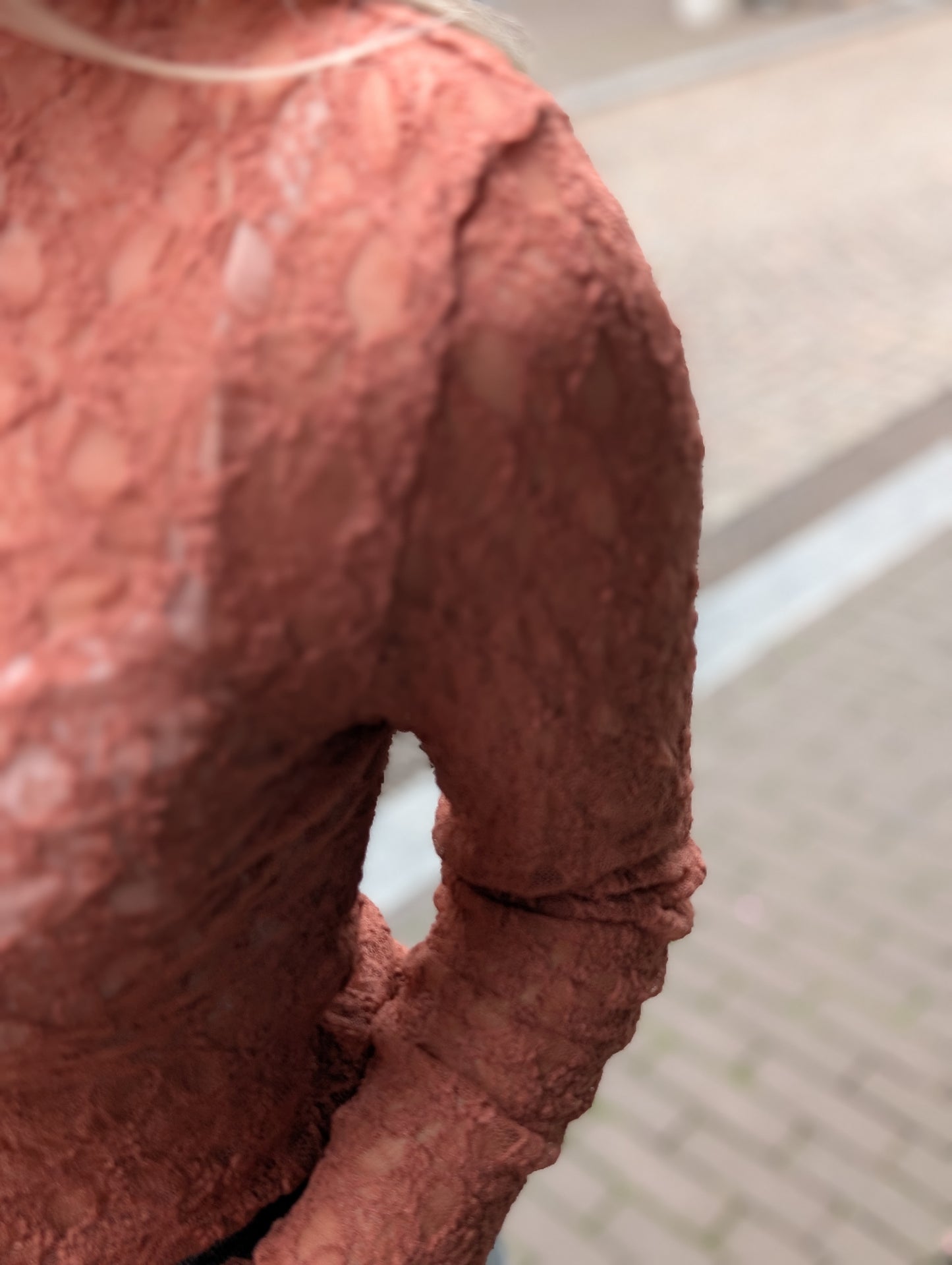 Kanten top met lange mouwen - Brique