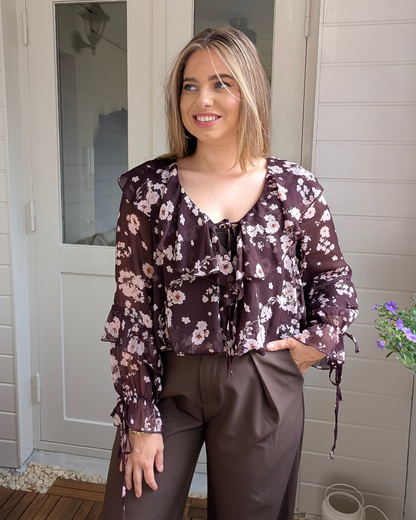 Feline Ruffle Balloon Bloemen Print Blouse - Plum/Pink