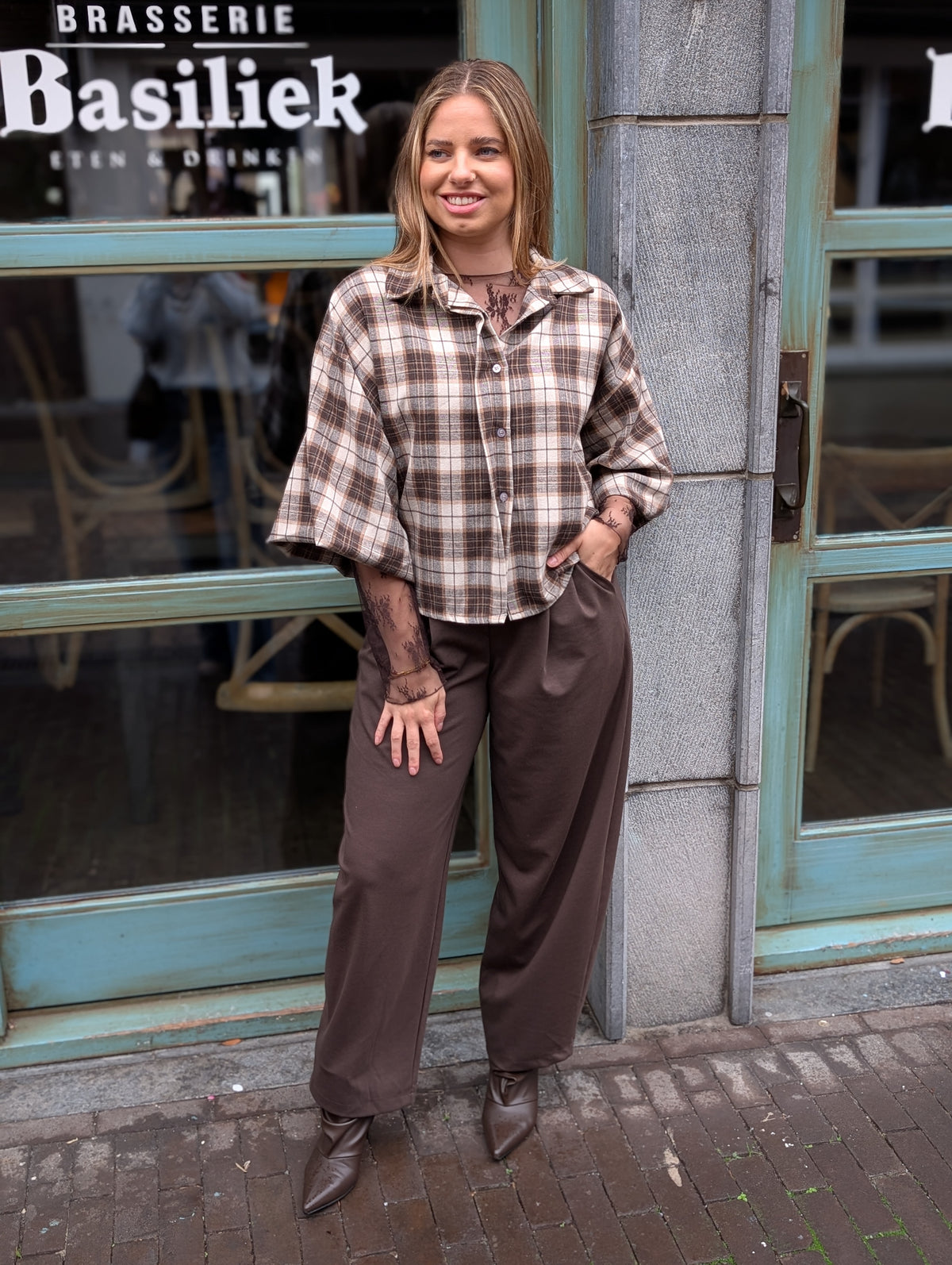 Bo ruiten blouse - Bruin / camel / ecru