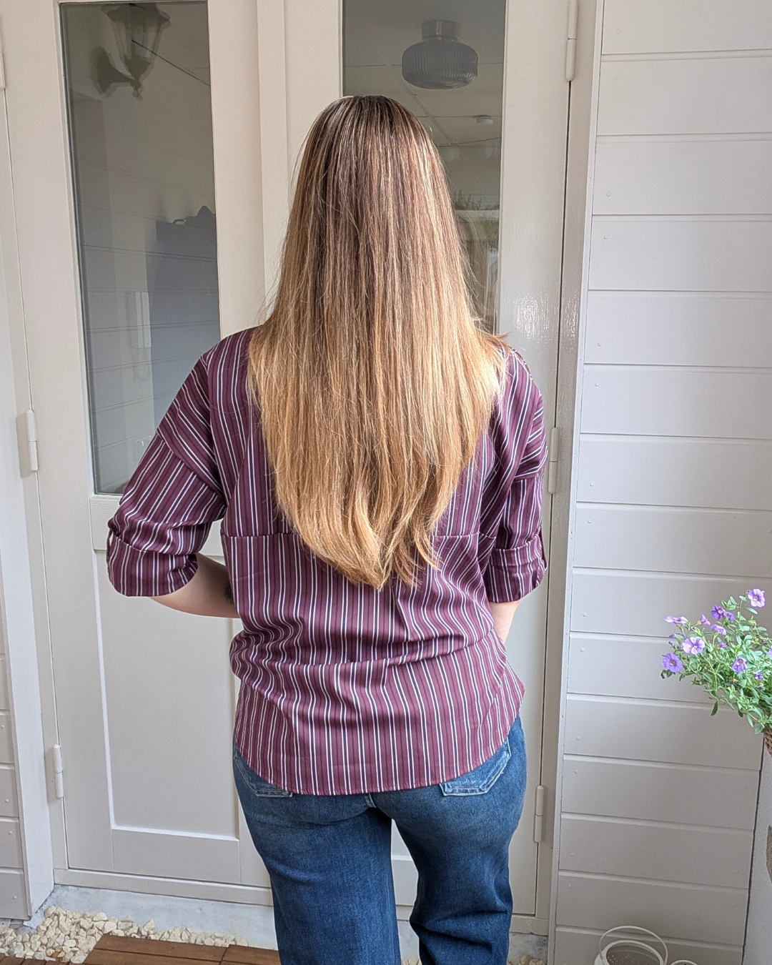 Gestreepte doorknoop blouse - Bordeaux