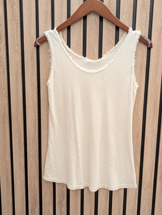 Frayed Edge Ribbed Top - Ecru