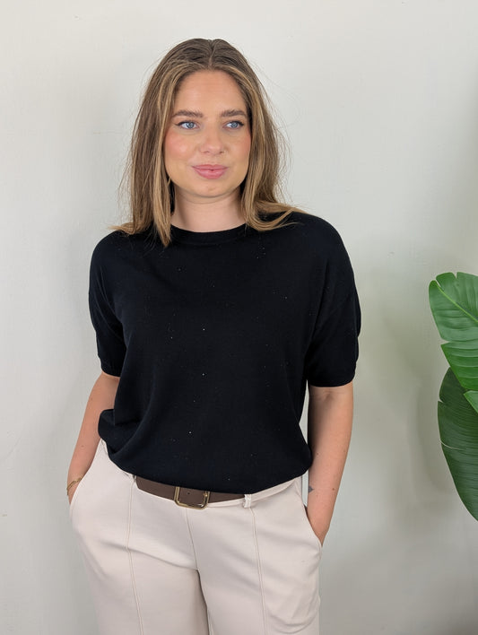 Sparkle knit top korte mouw - Zwart