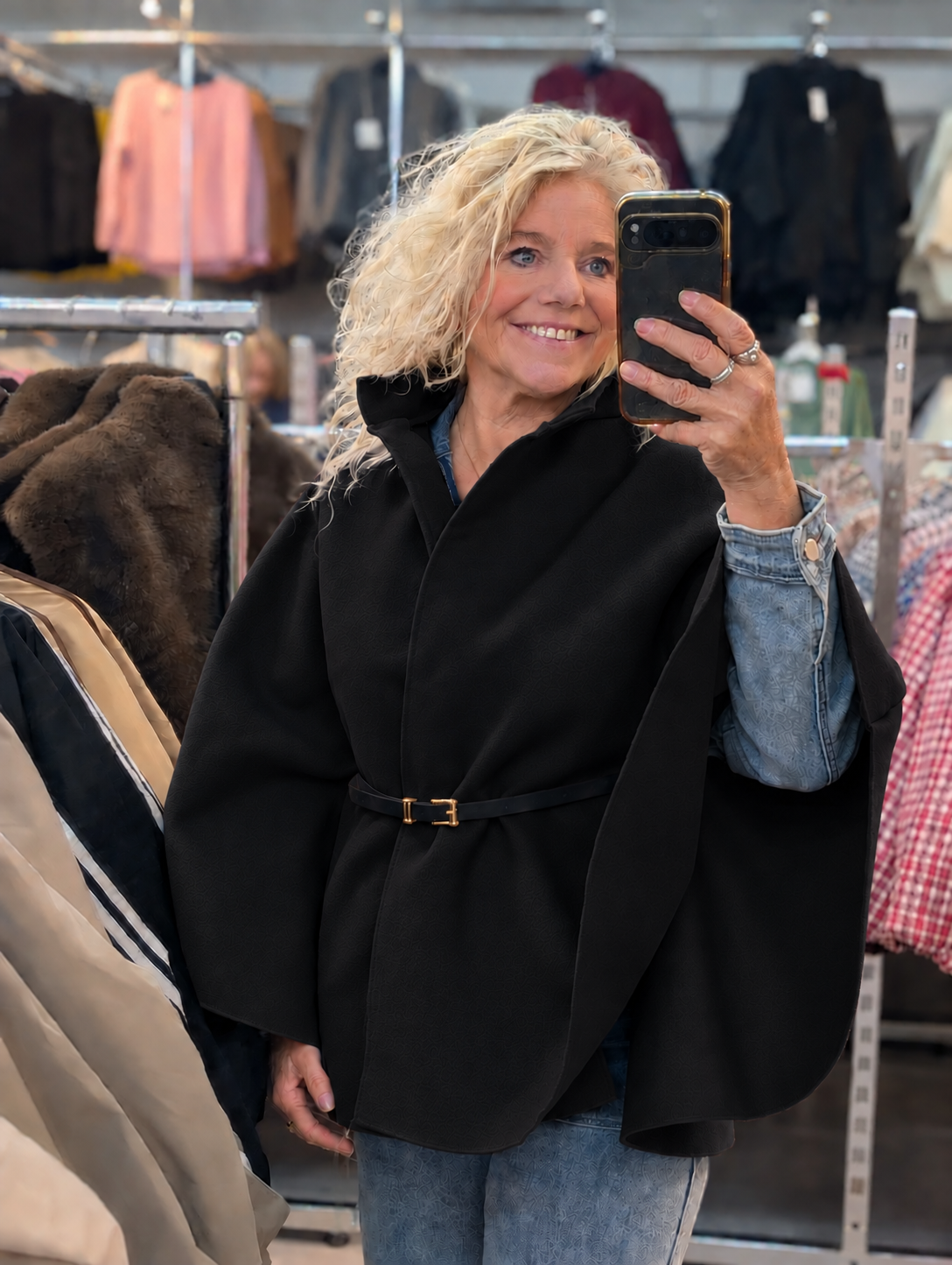 Moons poncho met riem - Zwart