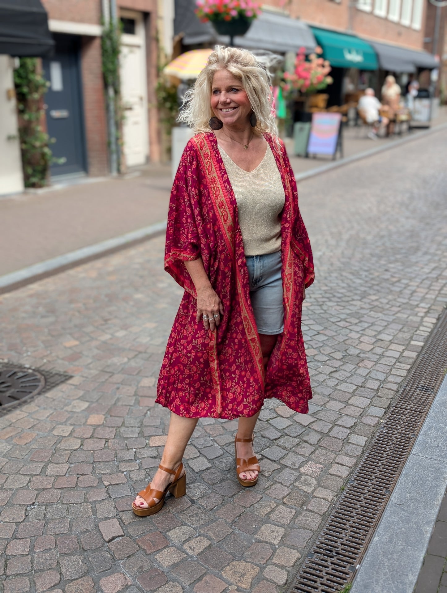Lange kimono bloemen - Bordeaux/Rood