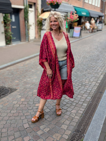Lange kimono bloemen - Bordeaux/Rood