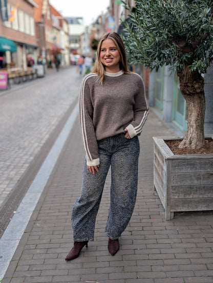 Batu streep gebreide trui - Ecru / taupe