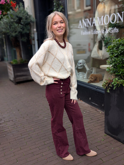 Folyrose wide leg met knopen - Bordeaux rood