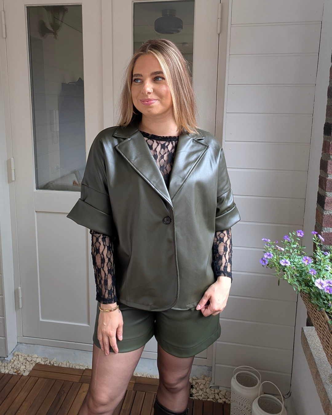 Liva Faux Leather short sleeve Blazer - Green