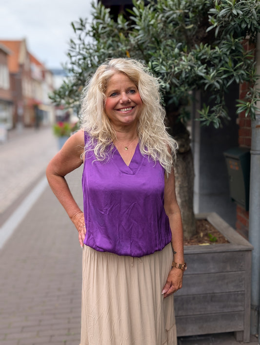 Silk top met v-hals en elastiek onderin - Paars