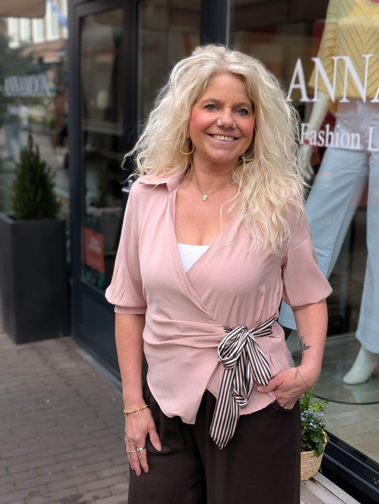 Overslag blouse met gestreepte strik detail - Oud roze