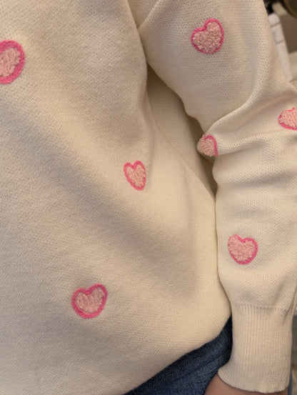Kims hartjes teddy hartjes trui - Ecru / roze