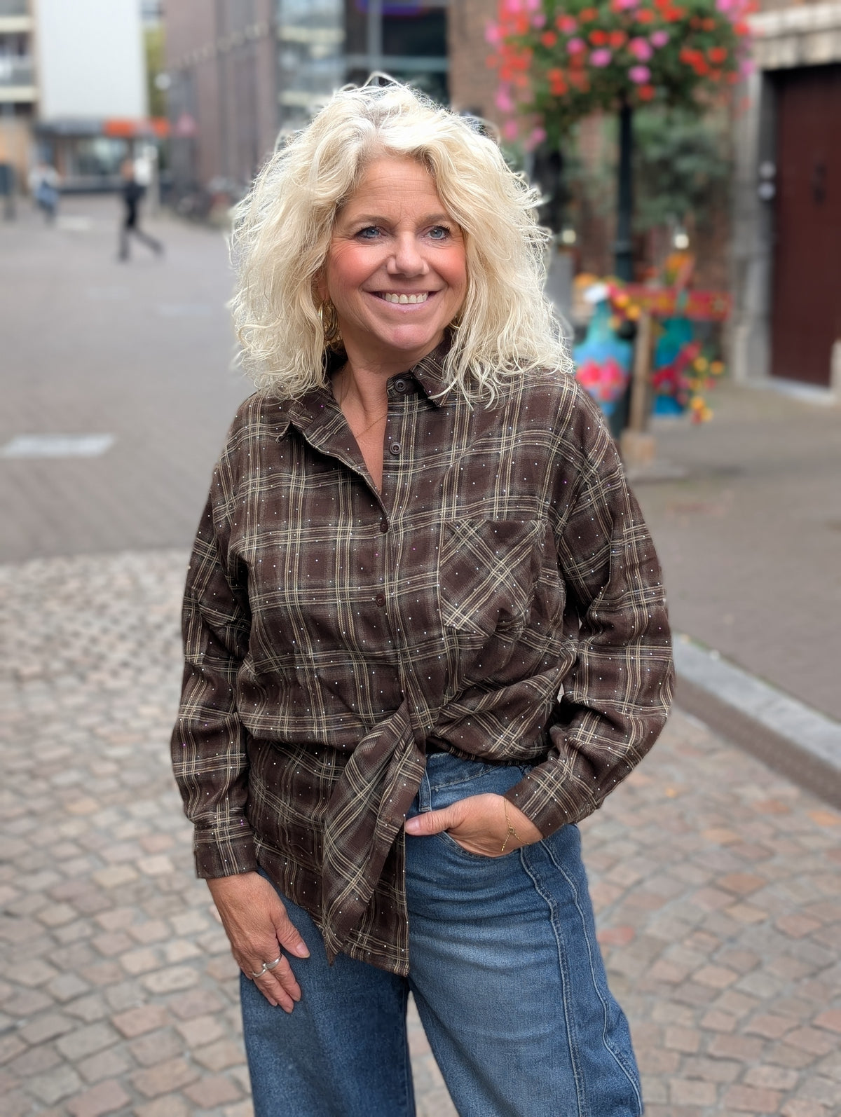 Riley Studded Check Blouse - Bruin