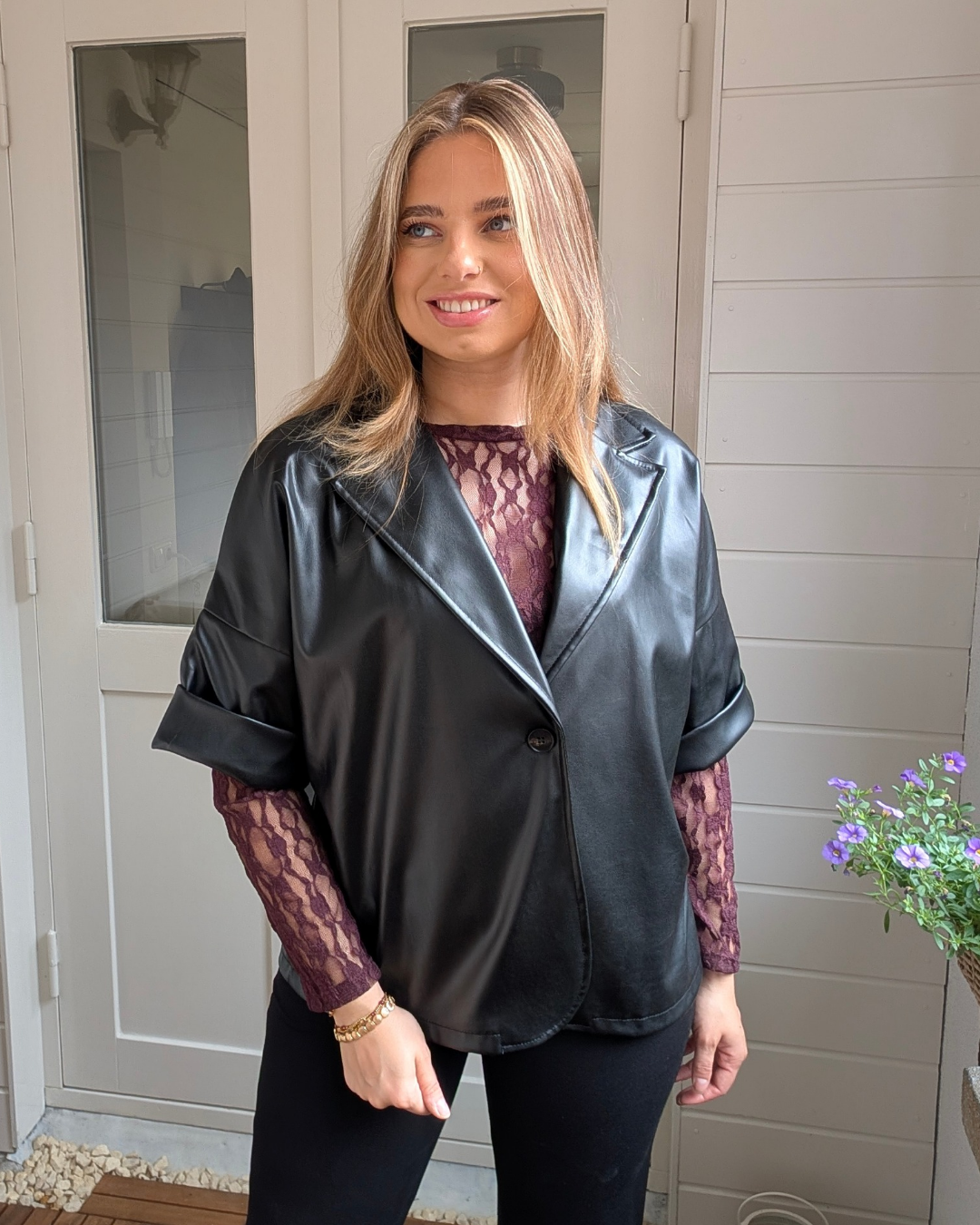 Liva Faux Leather short sleeve Blazer - Black