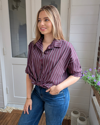 Gestreepte doorknoop blouse - Bordeaux