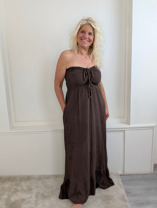 Mousseline Strapless Maxi-jurk - Donkerbruin