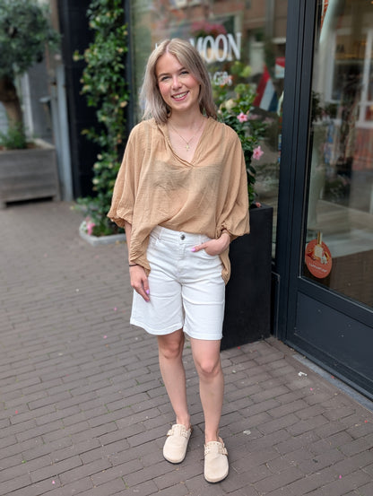 Luchtige katoenen blouse ballon mouw - Camel