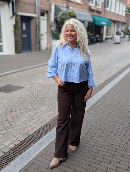 Sua korte streep blouse - Licht blauw/ wit/ bruin