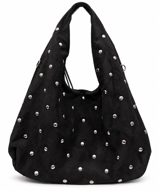 Zwarte suède-look schoudertas met studs - Zwart