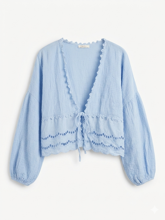 Boho Blossom Cotton Lace Cardigan - Lichtblauw